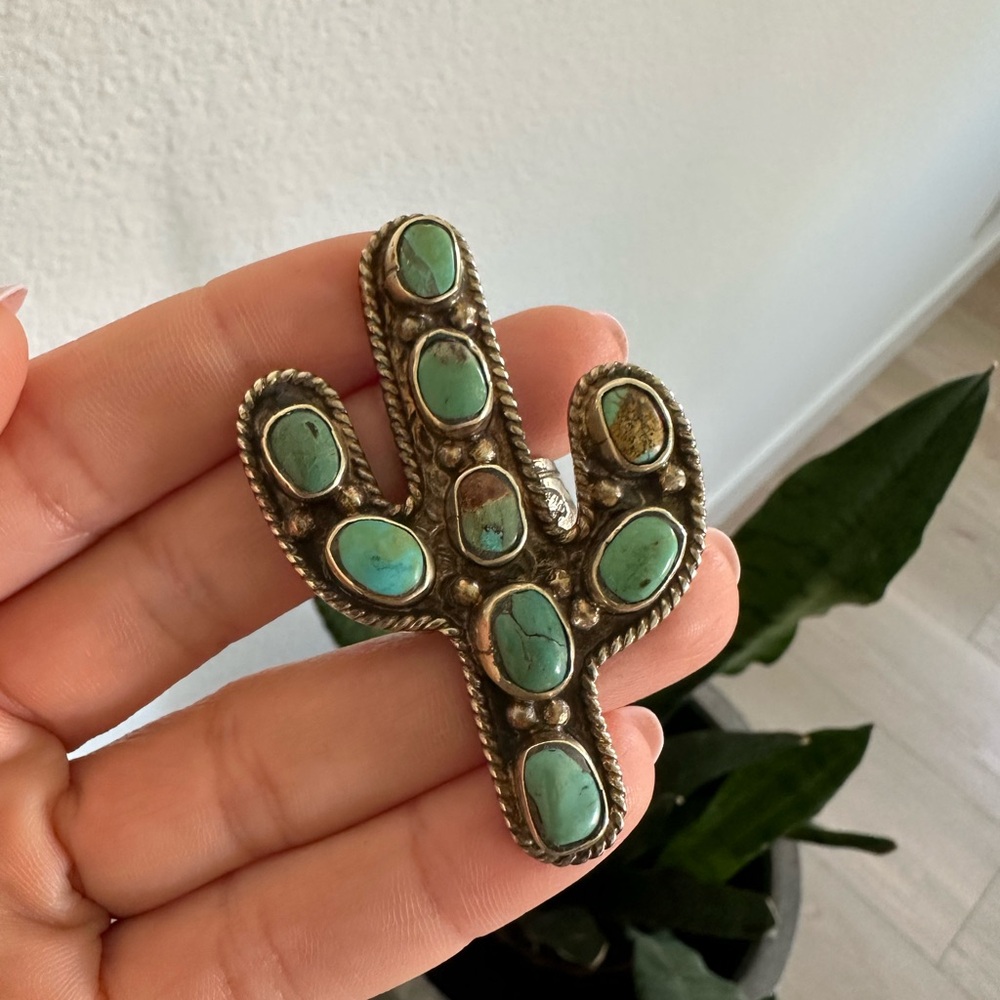 Turquoise Sterling Silver Cactus Statement Ring- Adjustable - Picture 4 of 12
